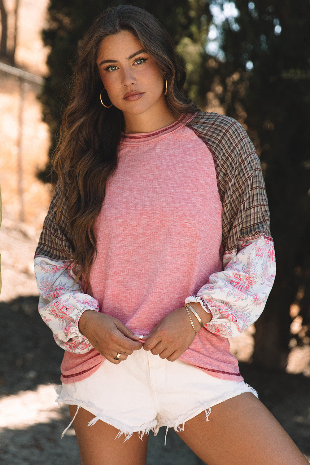 Faith – Mixed Print Raglan Sleeve Ribbed Knit Patchwork Blouse
