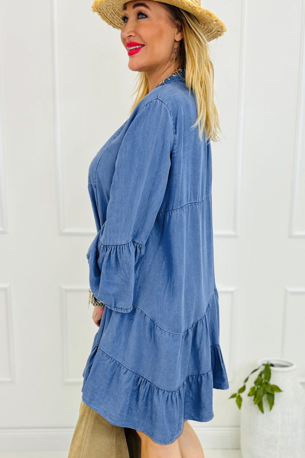 Hallie – Sky Blue Chambray Mini Dress with Ruffled Sleeves & Tiered Hem