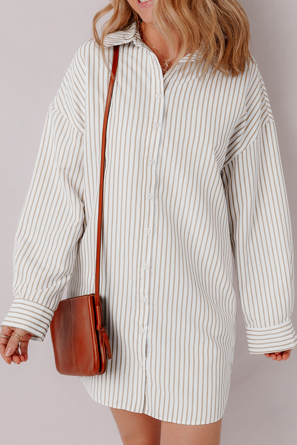 Presley – Khaki Striped Long Sleeve Button-Up Shirt Dress