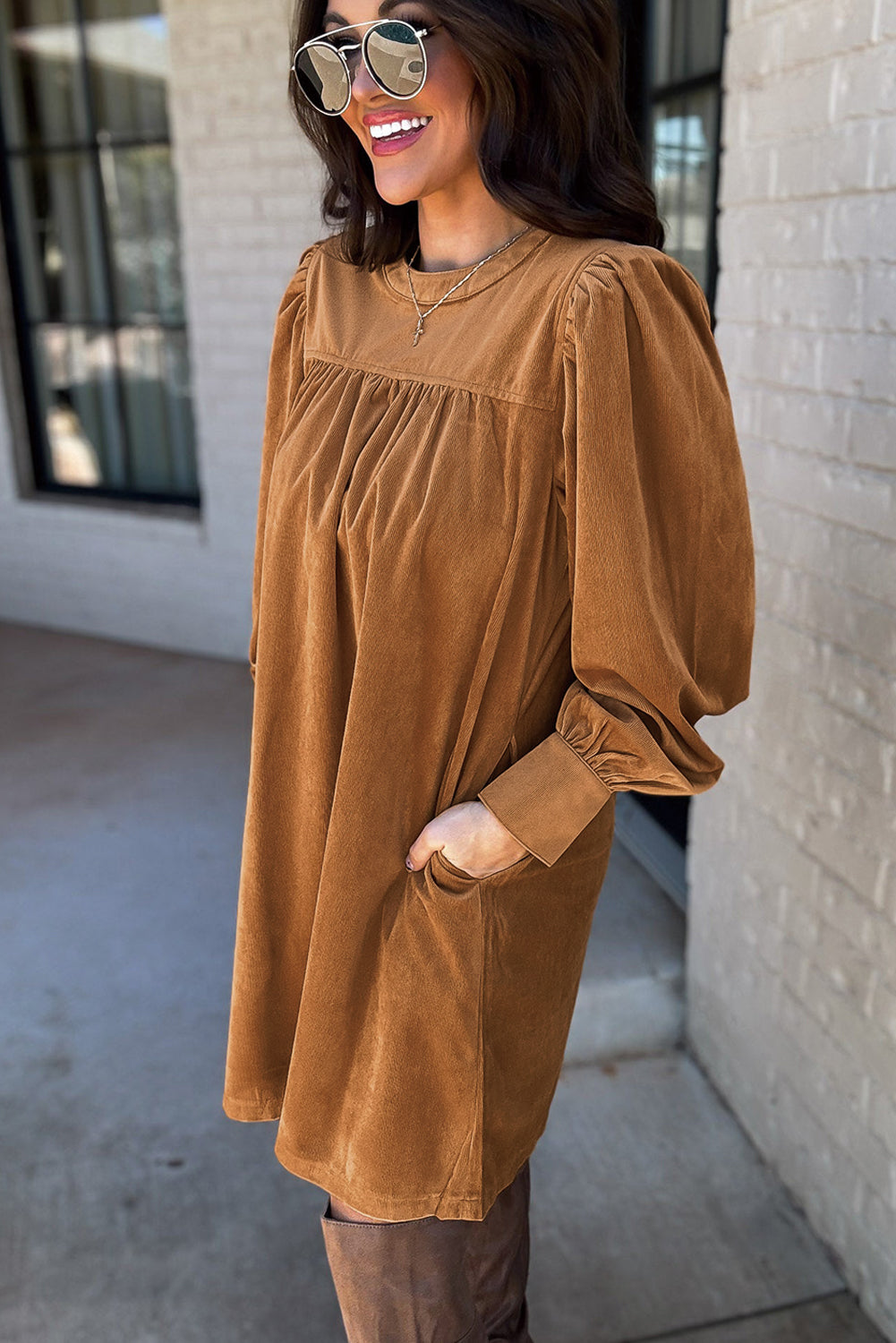 Marley – Desert Gold Corduroy Puff Sleeve Shift Mini Dress