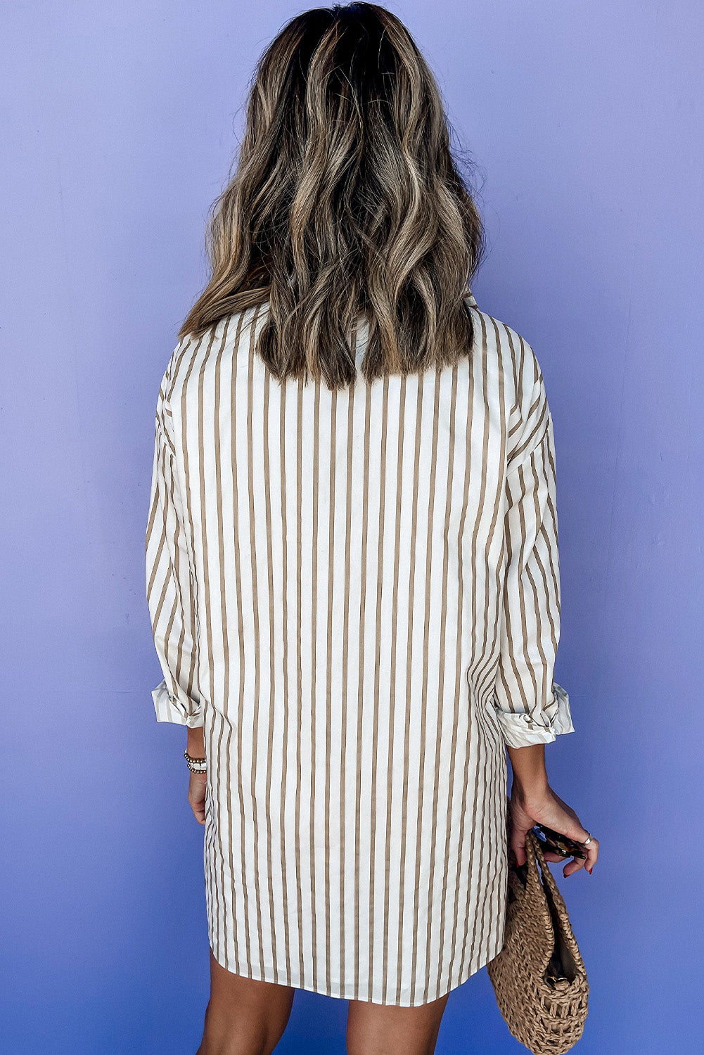 Presley – Khaki Striped Long Sleeve Button-Up Shirt Dress