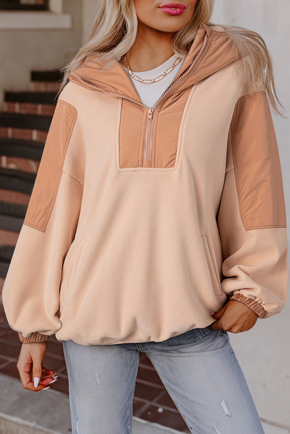 Poppy – Oversized Patchwork Sherpa Hoodie with Half Zip