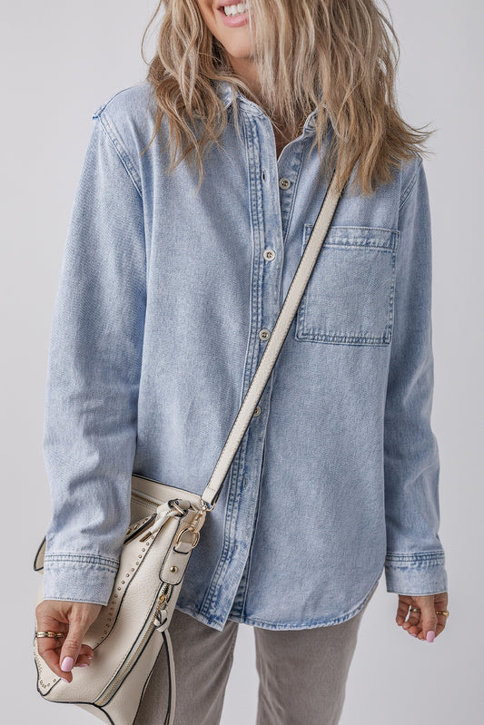 Brynlee – Beau Blue Long Sleeve Buttoned Chest Pocket Denim Shacket