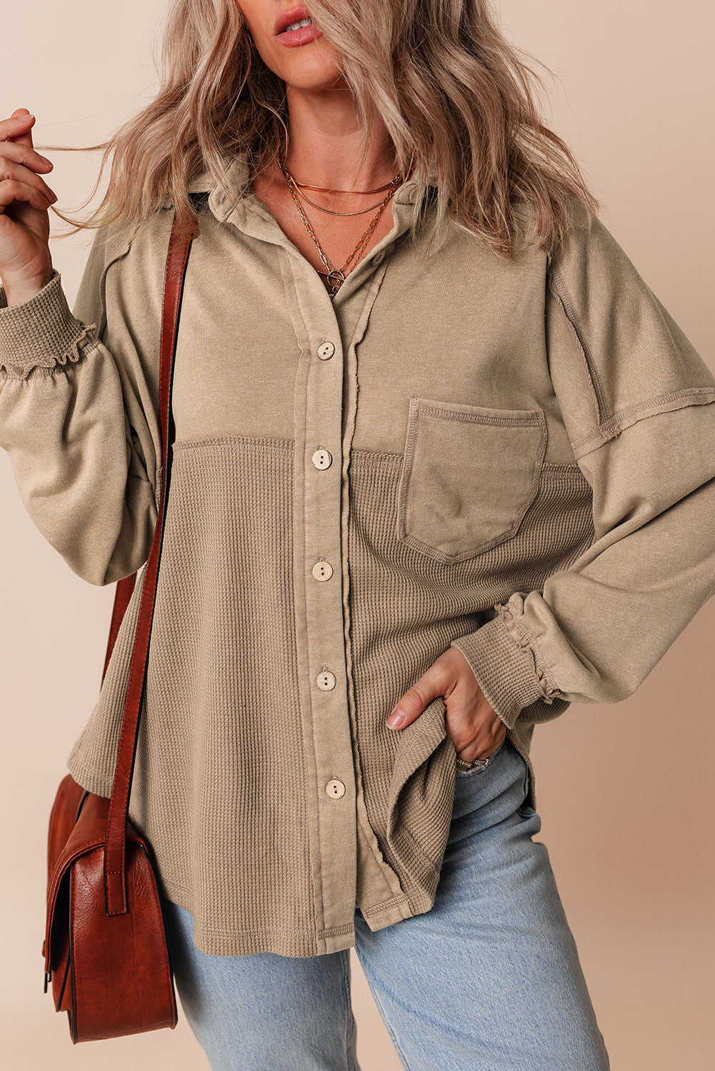Lauren – Mineral Wash Patchwork Button-Up Shacket