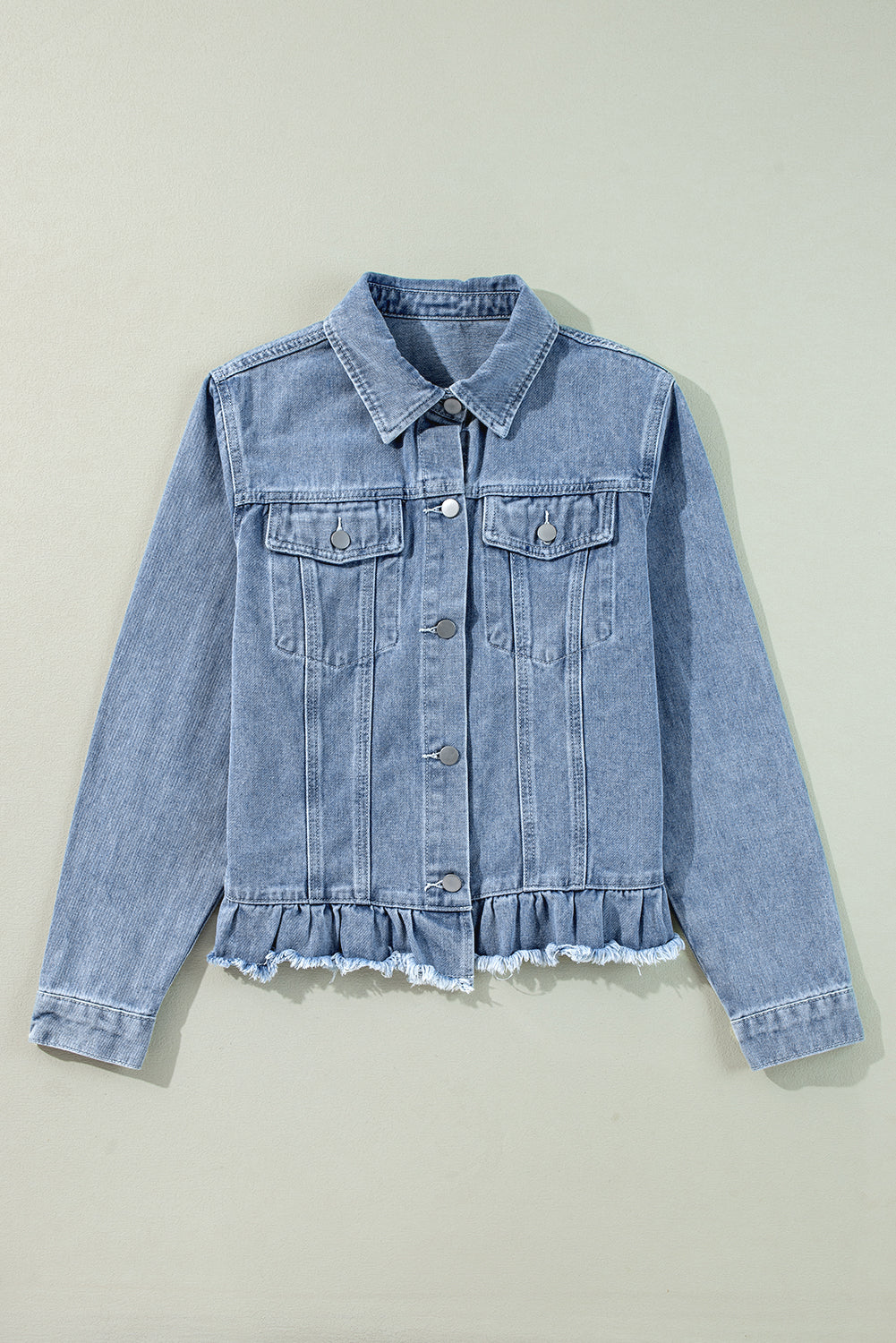 Evangeline – Beau Blue Denim Jacket with Ruffle Trim, Raw Hem & Flap Pockets