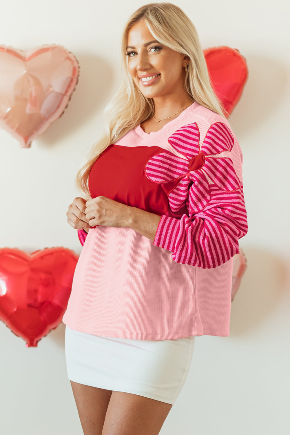 Lilith – Floral Patch Colorblock Striped Sleeve Textured Knit Top
