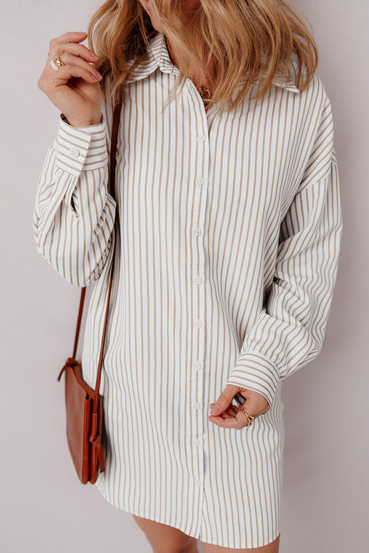 Presley – Khaki Striped Long Sleeve Button-Up Shirt Dress