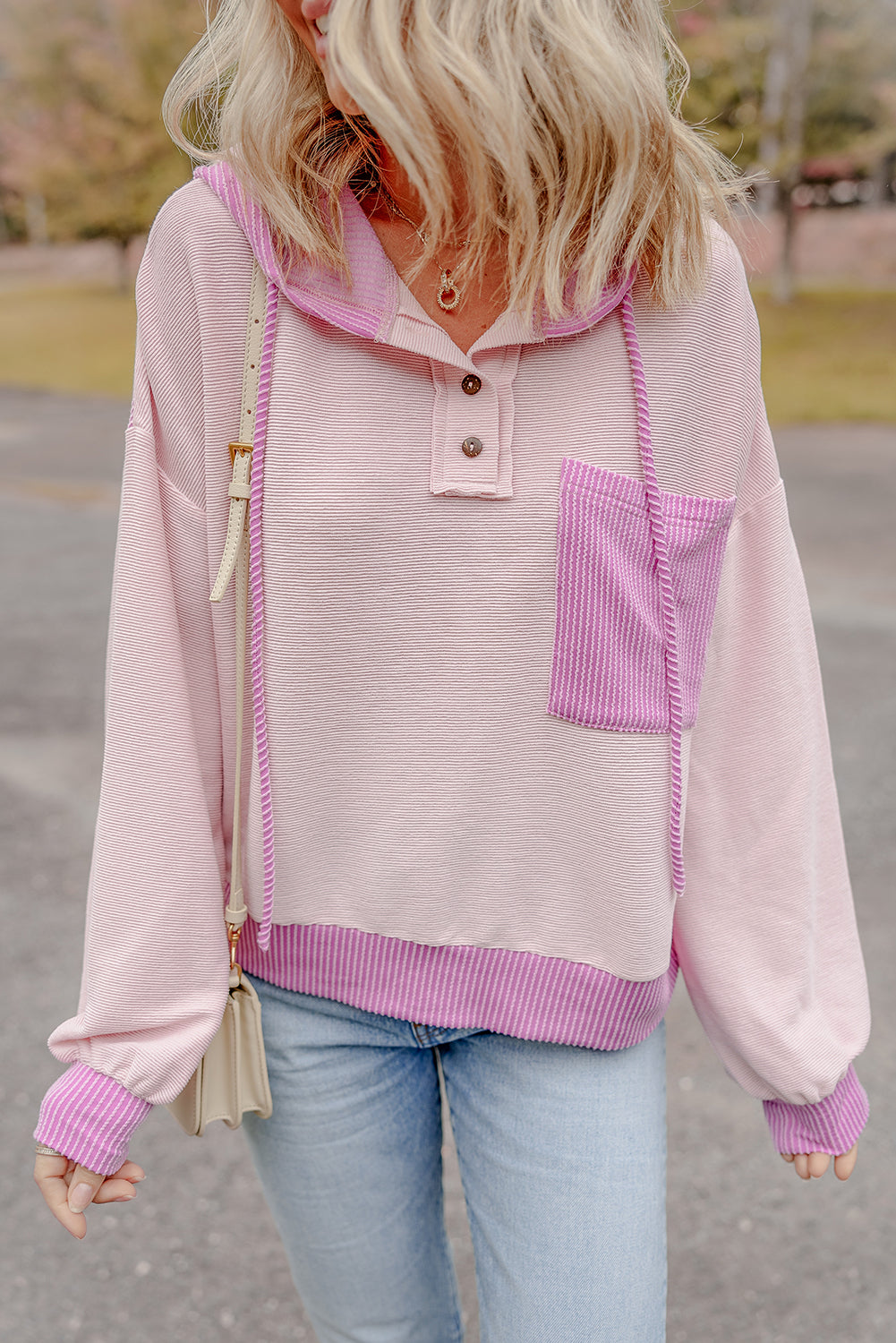 Octavia – Corded Patch Pocket Drawstring Hooded Top