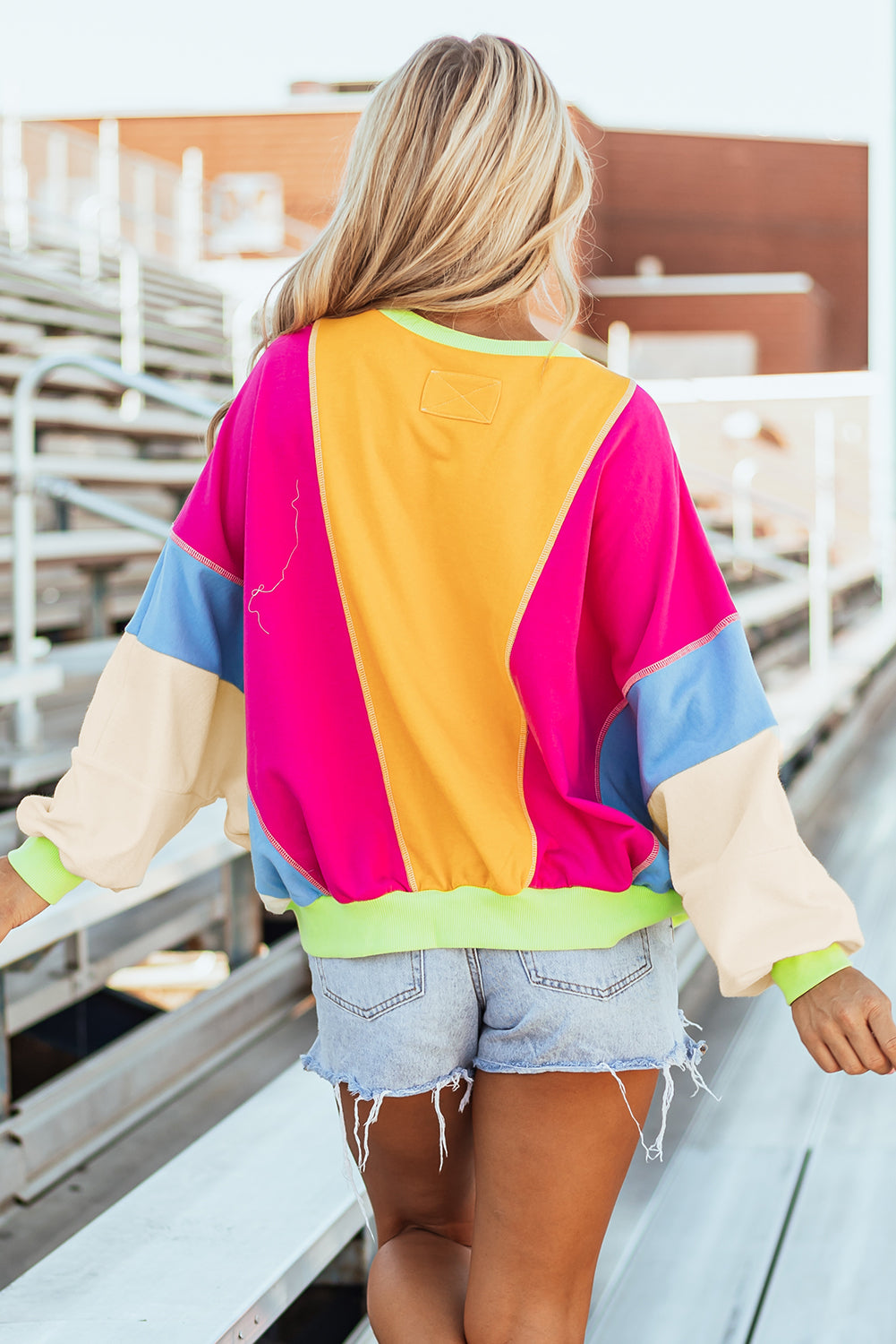 Mabel – Colorblock Patchwork Exposed Stitching Oversize Top