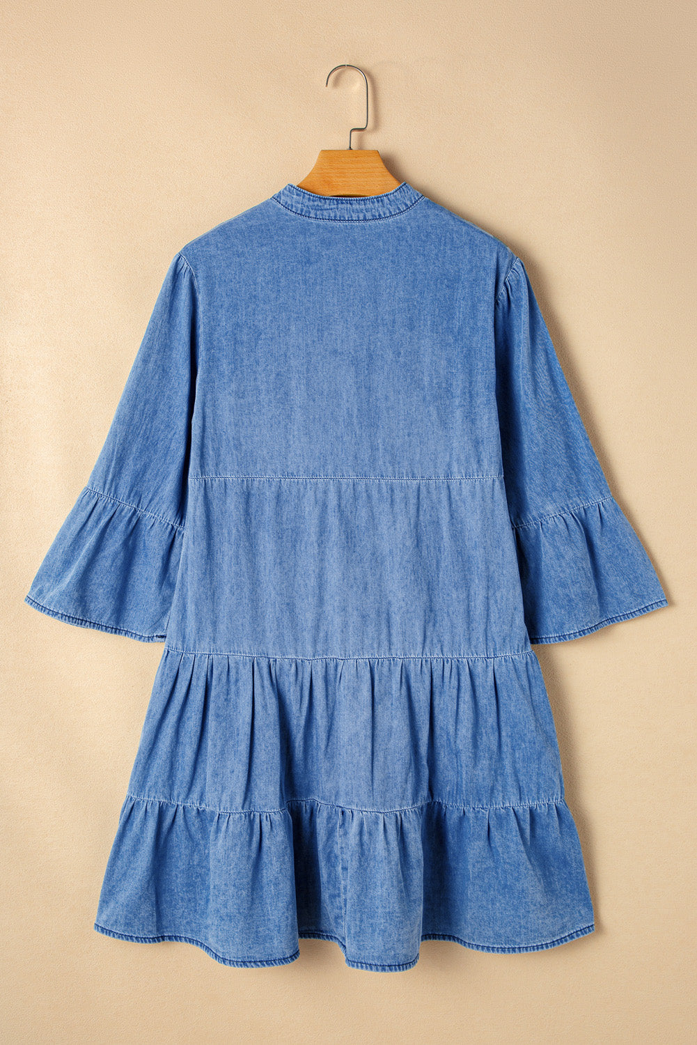 Hallie – Sky Blue Chambray Mini Dress with Ruffled Sleeves & Tiered Hem