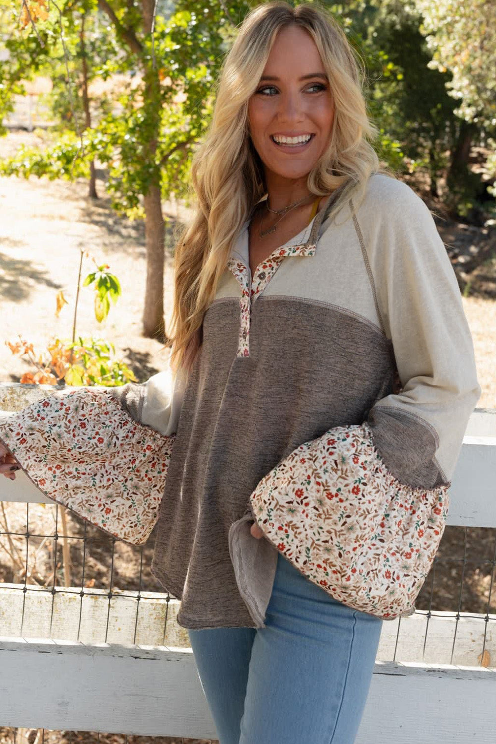 Juliana – Goat Colorblock Floral Patchwork Flared Sleeve Buttons Henley Top