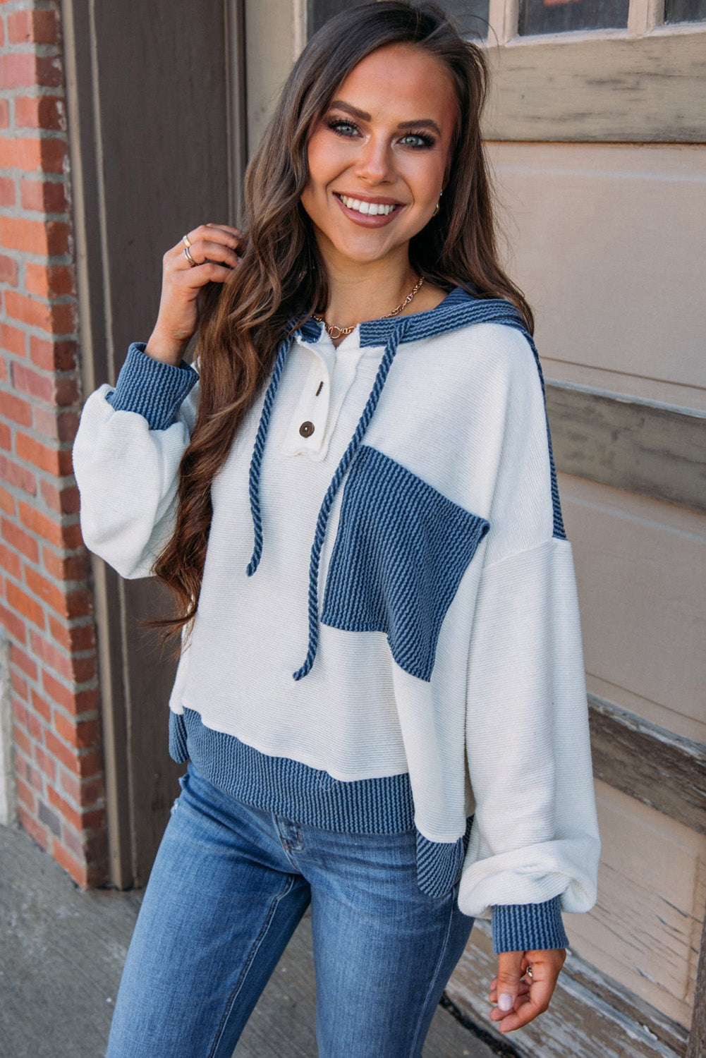 Octavia – Corded Patch Pocket Drawstring Hooded Top