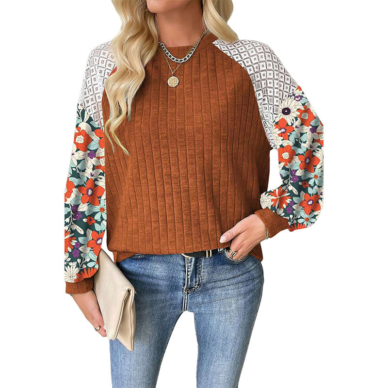 Vera – Floral Patchwork Ribbed Knit Long Sleeve Blouse