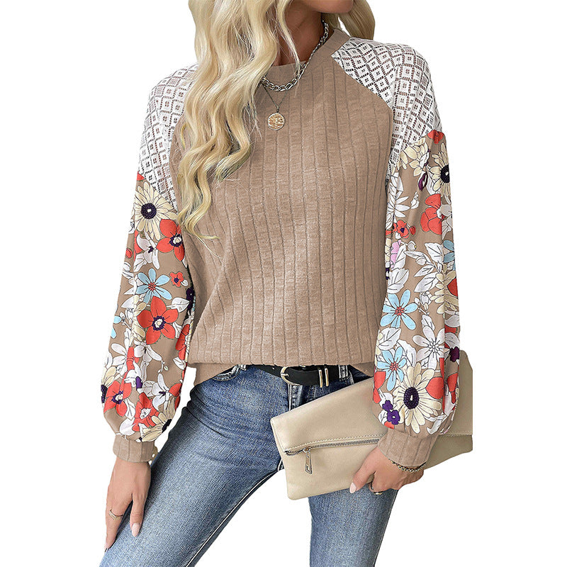 Vera – Floral Patchwork Ribbed Knit Long Sleeve Blouse