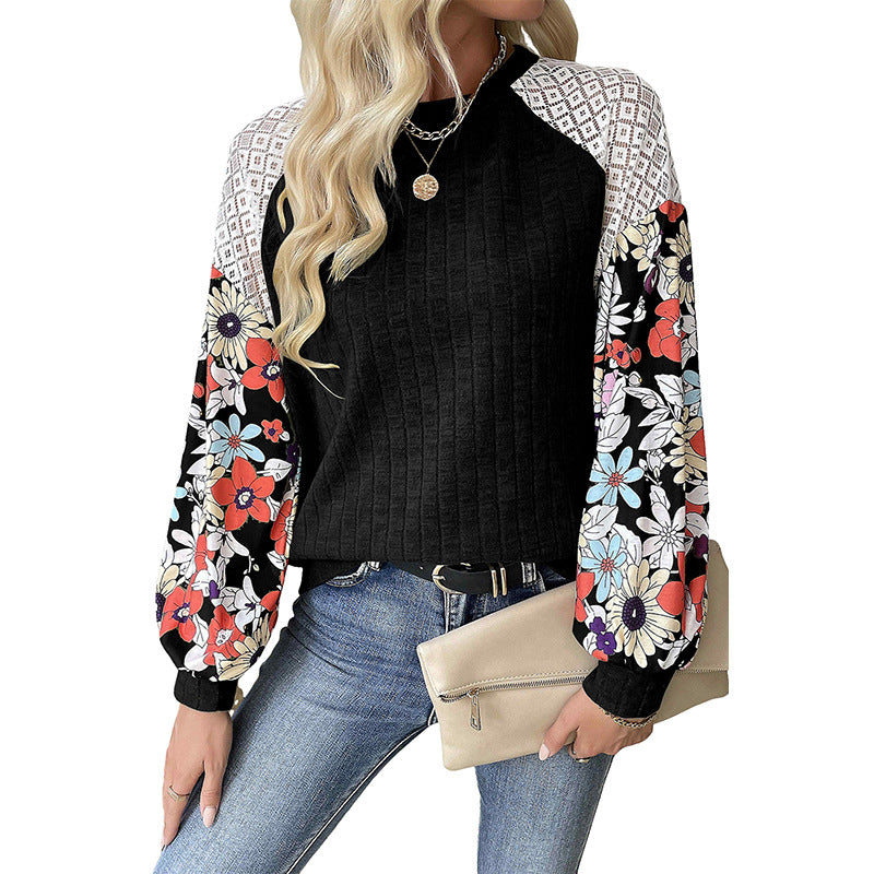 Vera – Floral Patchwork Ribbed Knit Long Sleeve Blouse